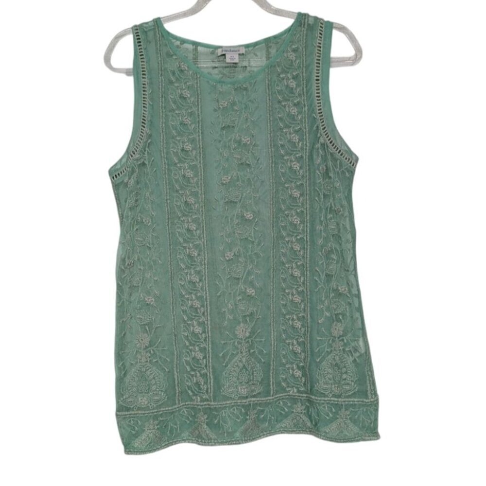 Sundance Embroidered Floral Sheer Top Womens Size XS Green Lace Boho Sleeveless